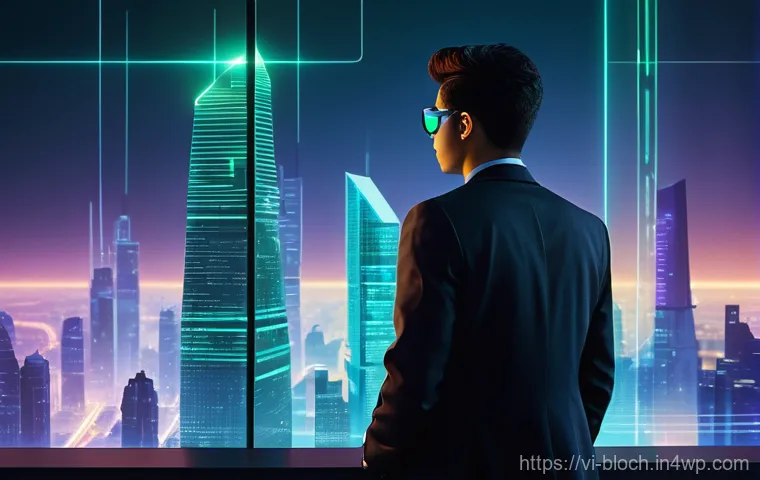 블록체인 기술의 해킹 및 보안 위협 - **Prompt:** A vibrant, futuristic digital city built upon interconnected, glowing blockchain blocks,...