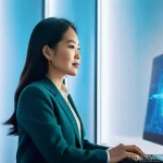 Home 2 스마트 계약을 통한 법적 리스크 관리 - **A secure digital transaction scene:** A confident Vietnamese businesswoman, in her late 30s, weari...