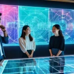 Home 7 블록체인 기술의 글로벌 투자 동향 - A group of young Vietnamese tech enthusiasts, both male and female, are gathered around a holographi...
