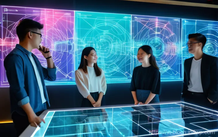 블록체인 기술의 글로벌 투자 동향 - A group of young Vietnamese tech enthusiasts, both male and female, are gathered around a holographi...