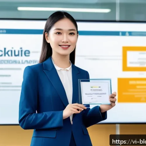 Home 27 블록체인 기술을 활용한 직업 교육의 변화 - A modern Vietnamese professional in casual business attire, confidently holding a transparent digita...