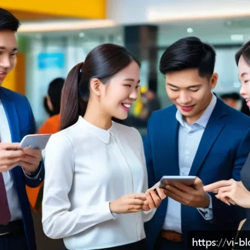 Home 13 블록체인 기반의 보험 서비스 혁신 사례 - A modern Vietnamese insurance office scene showing a diverse group of customers interacting with dig...