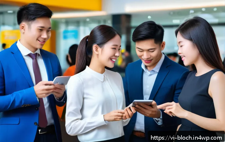 블록체인 기반의 보험 서비스 혁신 사례 - A modern Vietnamese insurance office scene showing a diverse group of customers interacting with dig...