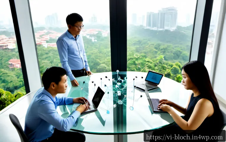 Home 15 블록체인 기반의 데이터 공유 플랫폼 구축 - Photorealistic modern data-sharing workspace in Ho Chi Minh City, a Vietnamese business team of dive...