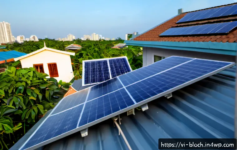 Home 17 블록체인 기반의 에너지 거래 플랫폼 - Photorealistic modern Vietnamese family home in Ho Chi Minh City, rooftop solar panels glowing in wa...