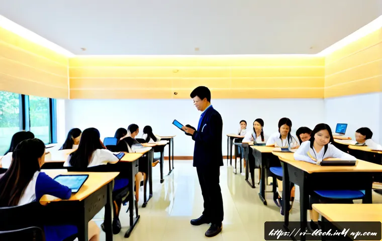 Home 17 블록체인 기술의 교육 분야 응용 사례 - Photorealistic Vietnamese university classroom demonstrating blockchain-based education, a Vietnames...